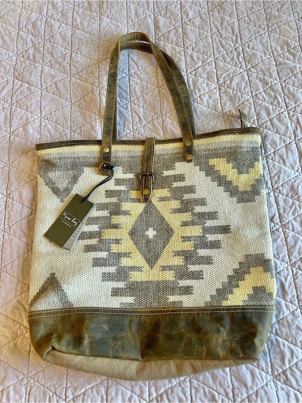 Myra Bag Yellow Patchy Canvas Rug & Leather Tote Bag Western Woven Cowgirl
